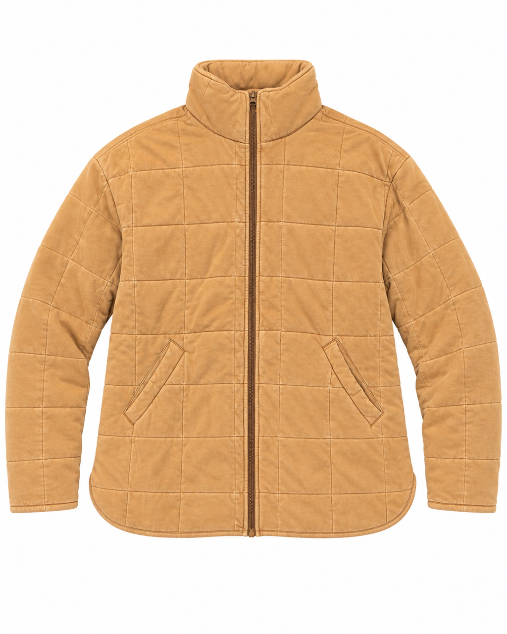 Camel Garment Washed Quilted Jacket front view showing camel washed quilted grid pattern, stand-up collar, bronze full-length zipper, two front slit pockets with welt trim, curved hem, and long sleeves on white background
