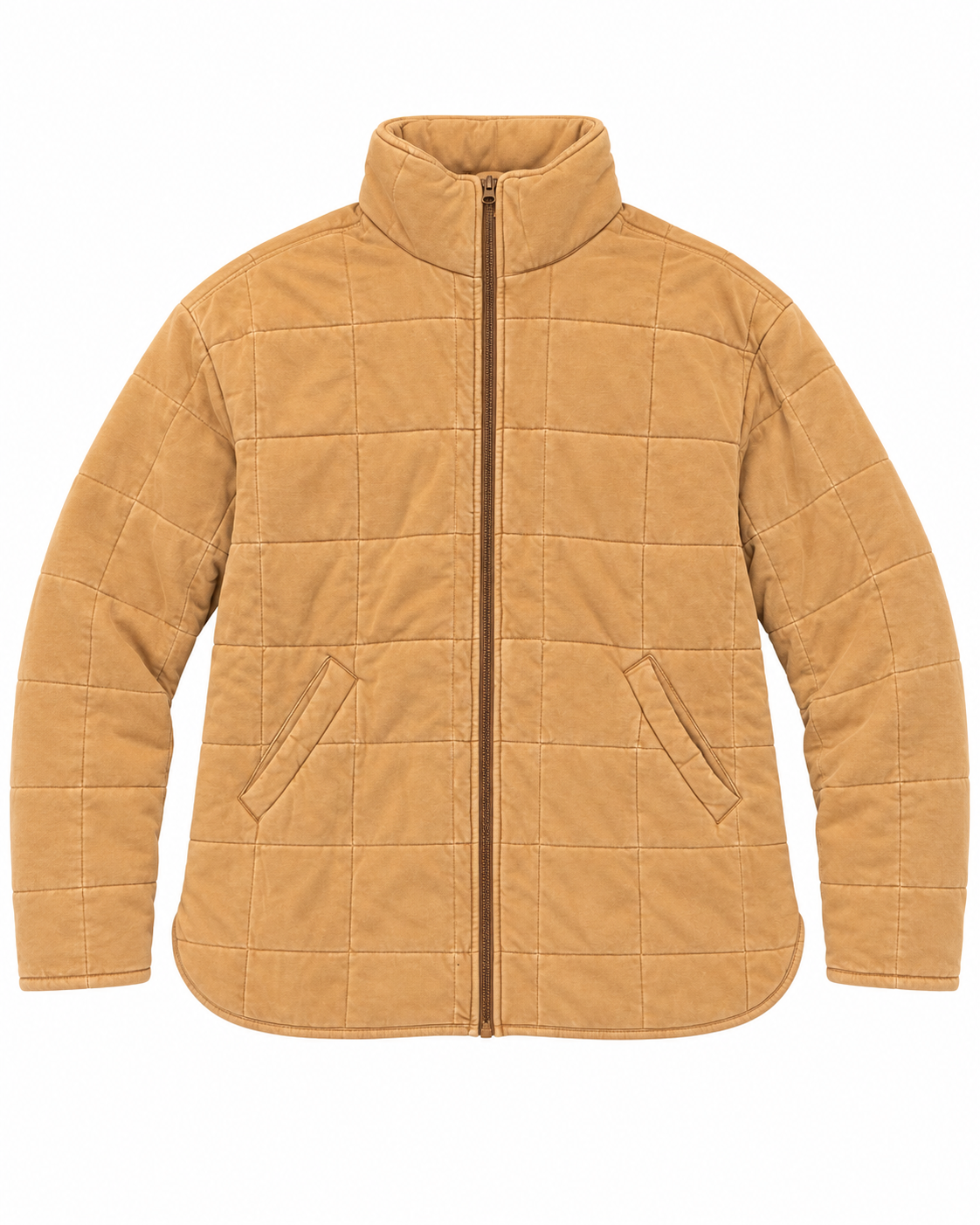 Camel Garment Washed Quilted Jacket front view showing camel washed quilted grid pattern, stand-up collar, bronze full-length zipper, two front slit pockets with welt trim, curved hem, and long sleeves on white background
