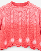 Close-up of the pink sweater’s cable-knit texture and crew neckline
