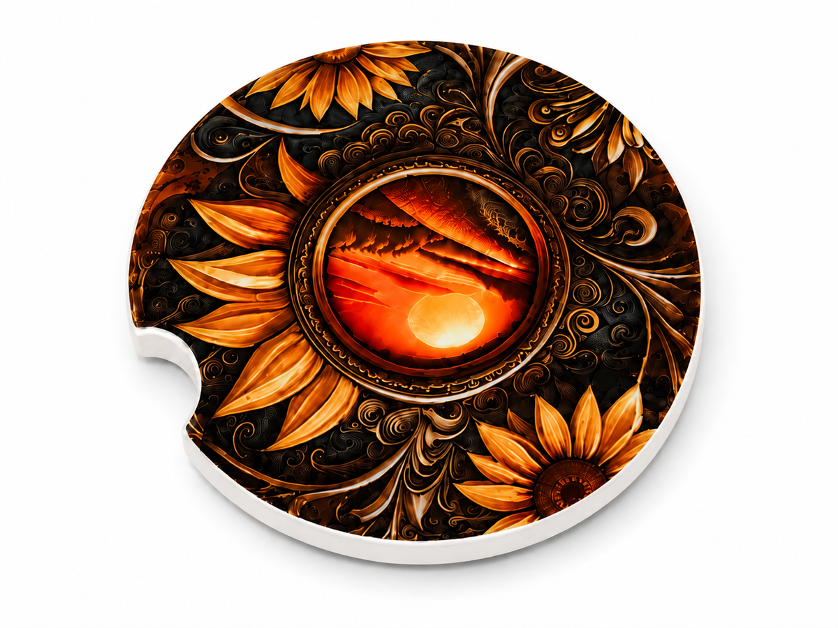 Close-up of Sunflower Tooled Leather ceramic car coaster with dark amber scrollwork sunflowers surrounding a glowing orange and red sunset medallion on white background
