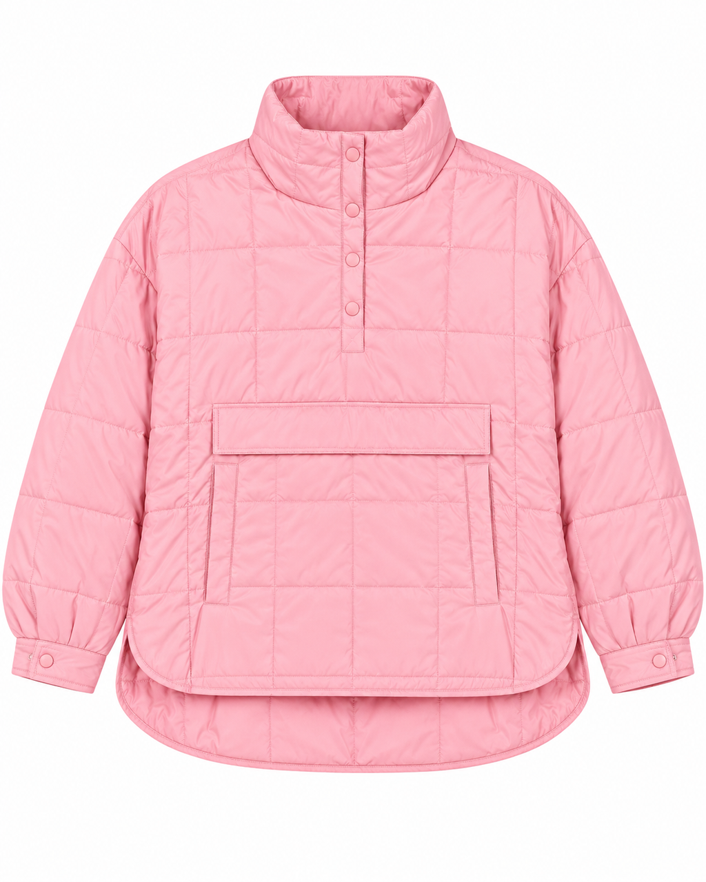 Pink Quilted Puffer Pullover Jacket front view showing bubblegum pink large-grid quilted puffer body, tall stand-up collar, five pink tone-on-tone snap buttons on quarter placket, large front kangaroo pouch pocket with zipper closure, curved high-low hem, and pink snap-button cuffs on white background
