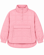 Pink Quilted Puffer Pullover Jacket front view showing bubblegum pink large-grid quilted puffer body, tall stand-up collar, five pink tone-on-tone snap buttons on quarter placket, large front kangaroo pouch pocket with zipper closure, curved high-low hem, and pink snap-button cuffs on white background

