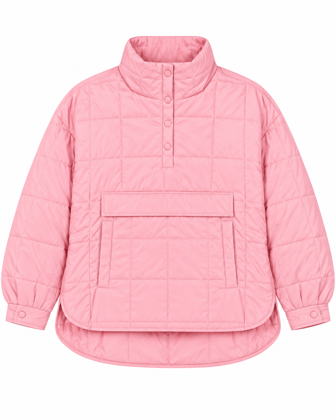 Pink Quilted Puffer Pullover Jacket front view showing bubblegum pink large-grid quilted puffer body, tall stand-up collar, five pink tone-on-tone snap buttons on quarter placket, large front kangaroo pouch pocket with zipper closure, curved high-low hem, and pink snap-button cuffs on white background
