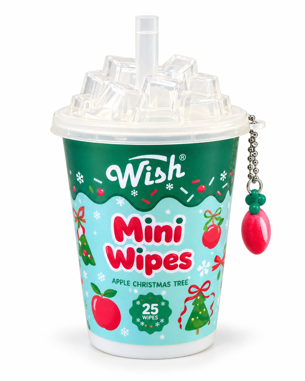 Front view of Wish Apple Christmas Tree Mini Wipes showing the 25-count label, green and aqua Christmas cup, clear lid, and apple charm

