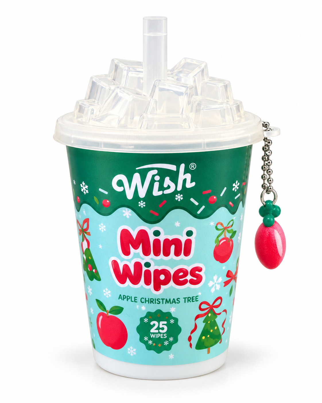 Front view of Wish Apple Christmas Tree Mini Wipes showing the 25-count label, green and aqua Christmas cup, clear lid, and apple charm
