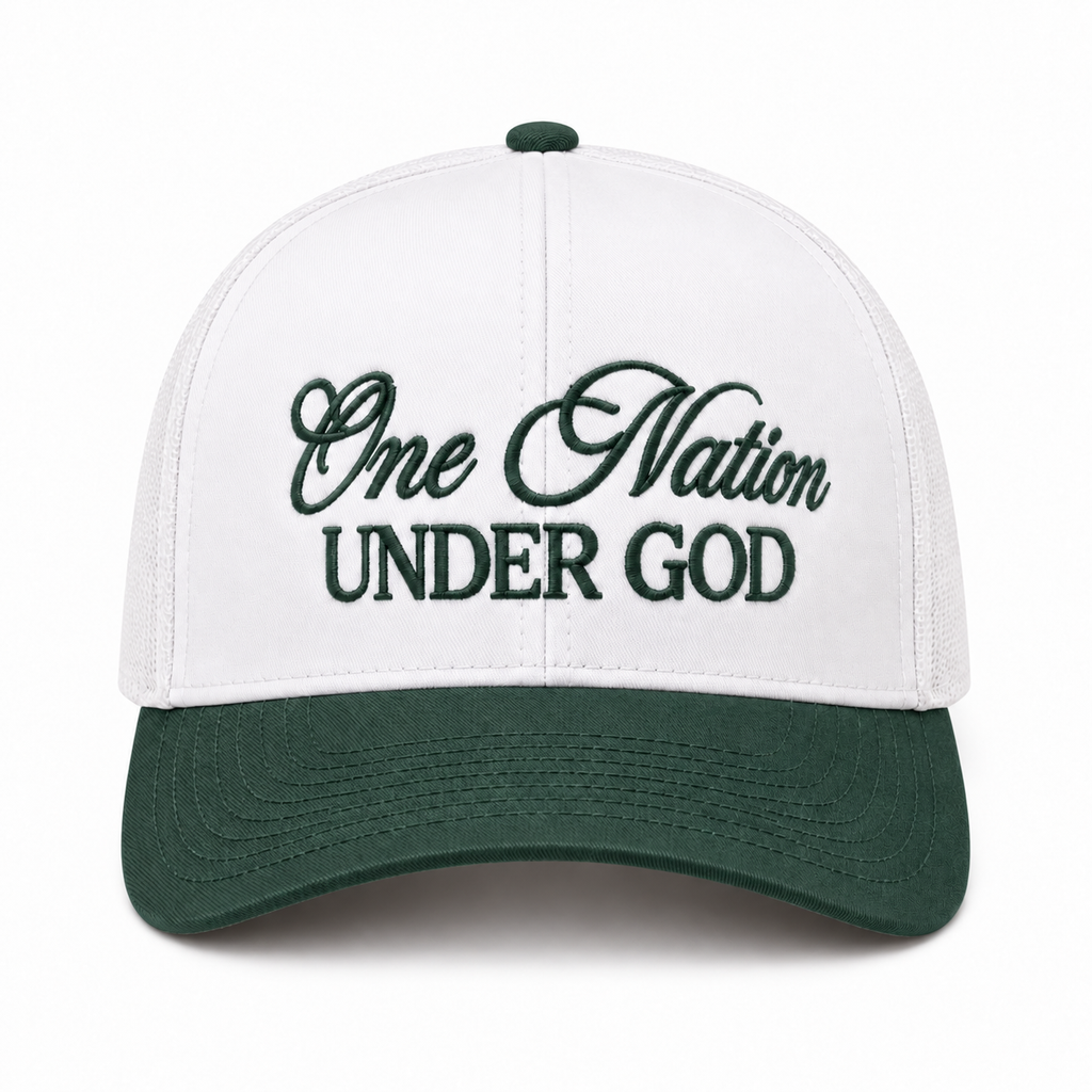 One Nation Under God Baseball Cap in Dark Forest front view showing white structured cotton crown with dark forest green embroidered script reading One Nation Under God in cursive and block lettering, dark green bill, and dark green top button on white background
