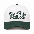 One Nation Under God Baseball Cap in Dark Forest front view showing white structured cotton crown with dark forest green embroidered script reading One Nation Under God in cursive and block lettering, dark green bill, and dark green top button on white background

