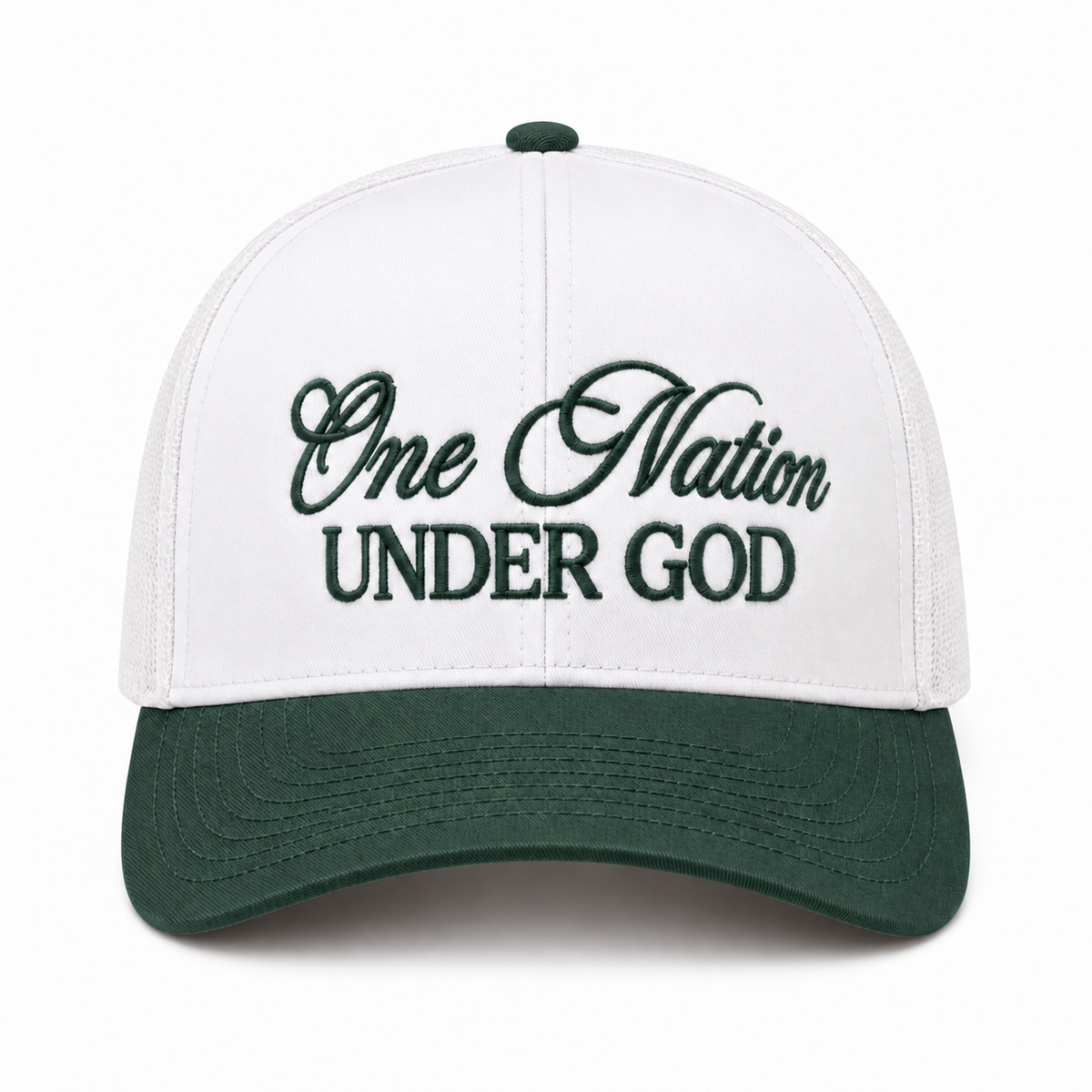 One Nation Under God Baseball Cap in Dark Forest front view showing white structured cotton crown with dark forest green embroidered script reading One Nation Under God in cursive and block lettering, dark green bill, and dark green top button on white background
