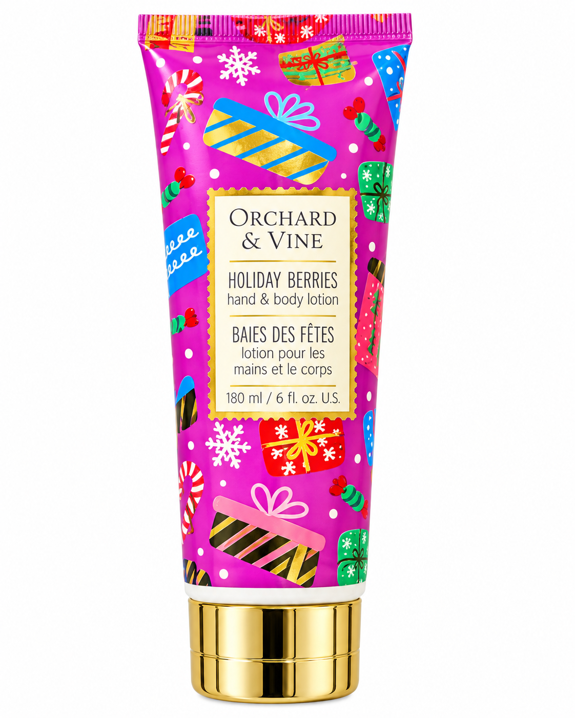 Front view of Holiday Berries hand and body lotion showing colorful presents, candy canes, and the 6 fl oz label
