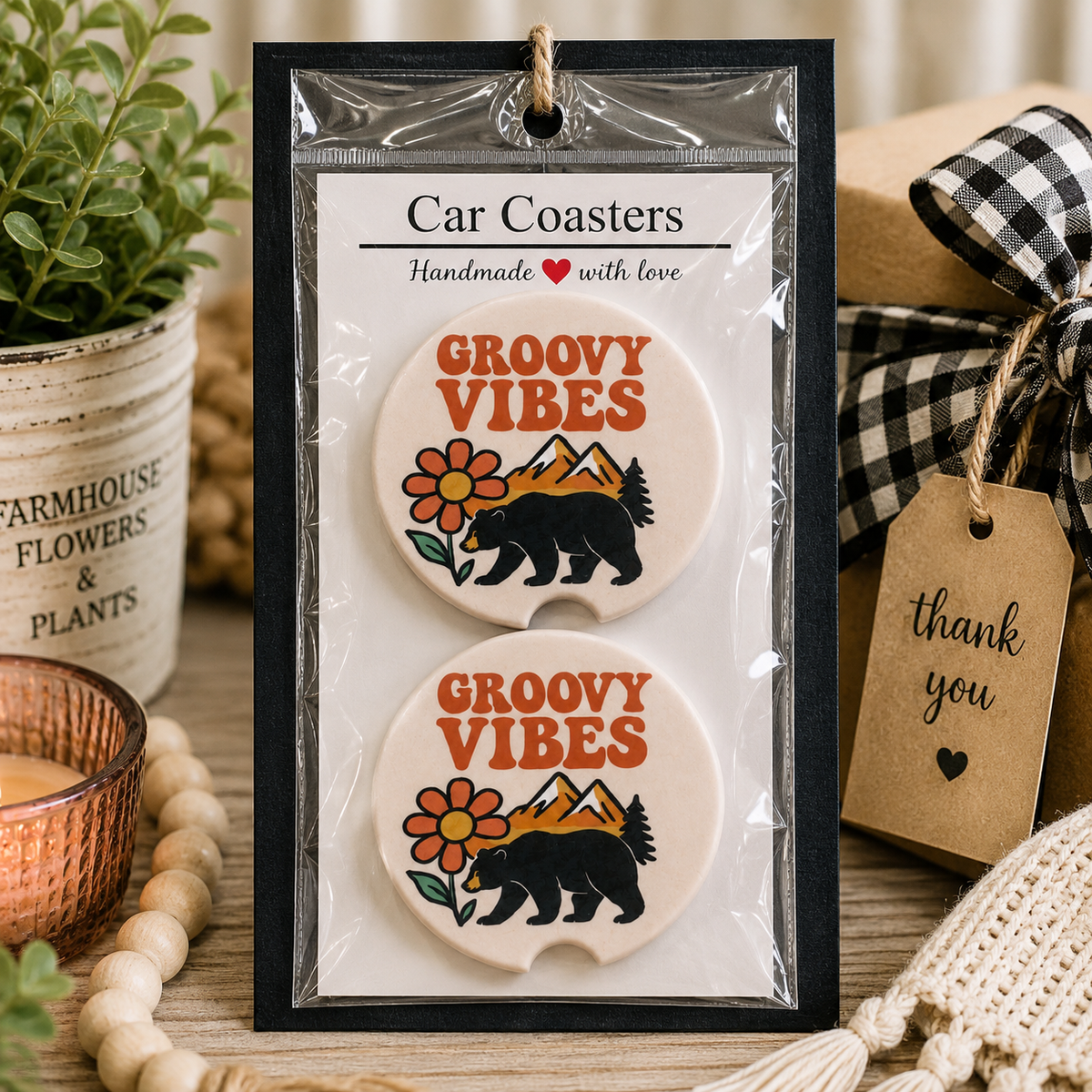 Groovy Vibes Car Coaster Set in handmade packaging — gift-ready ceramic coasters with retro groovy design, set of 2
