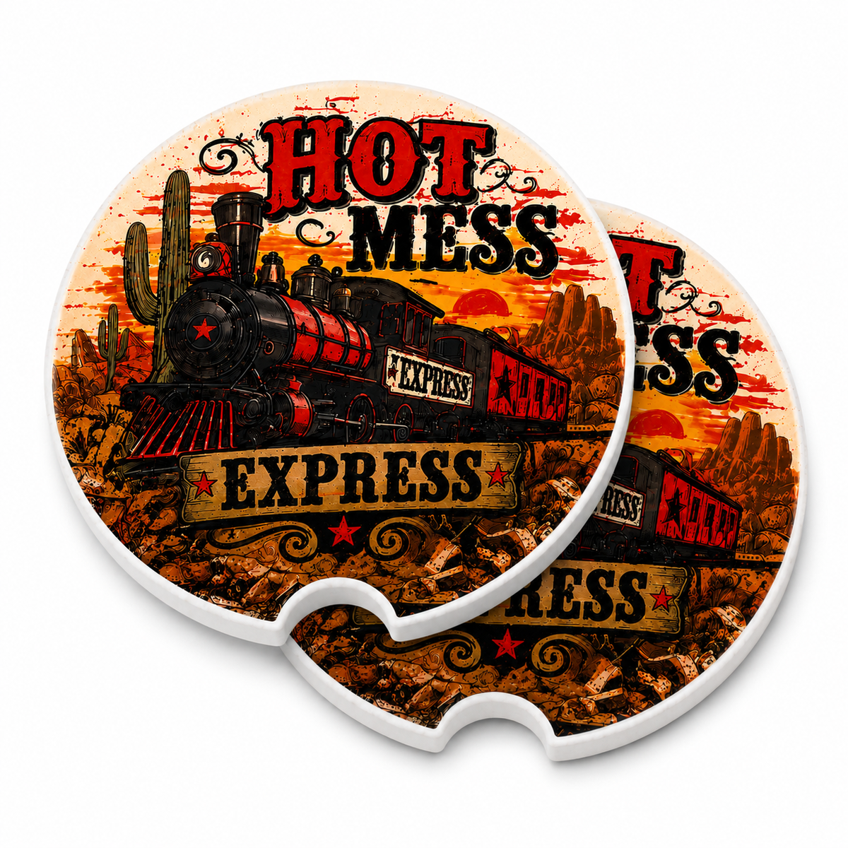 Hot Mess Express ceramic car coasters stacked showing thickness and finger notch cutout — vintage steam train with desert sunset and bold red "Hot Mess Express" lettering, set of 2
