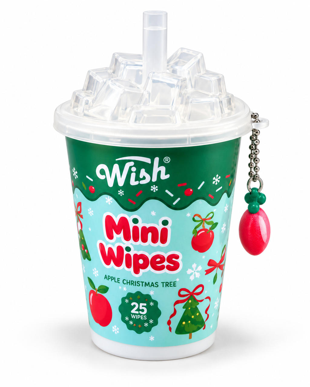 Angled view of the Apple Christmas Tree mini wipes cup showing apple and Christmas tree illustrations, ice-style lid, and dangling apple charm
