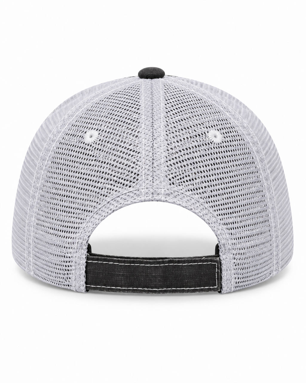 Back view of Mama Bear Trucker Hat showing full white mesh back and black velcro closure tab on white background
