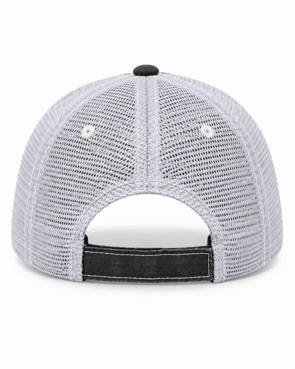 Back view of Mama Bear Trucker Hat showing full white mesh back and black velcro closure tab on white background
