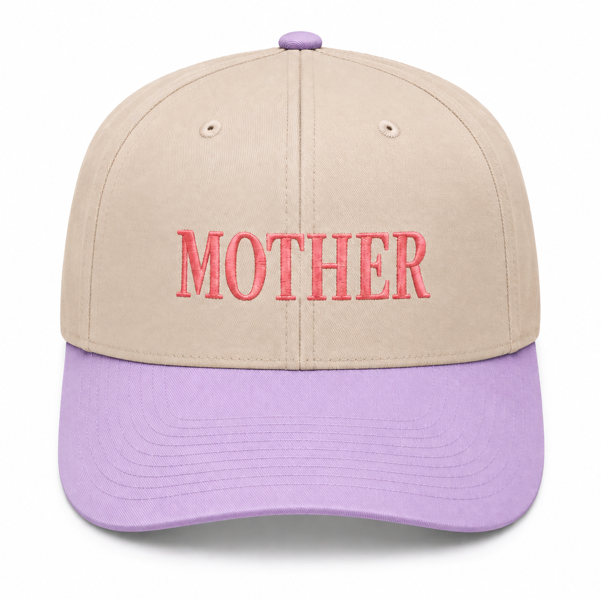 Mother Baseball Cap in khaki crown with lavender brim and bold coral-pink embroidered "MOTHER" lettering, shown on a white background.


