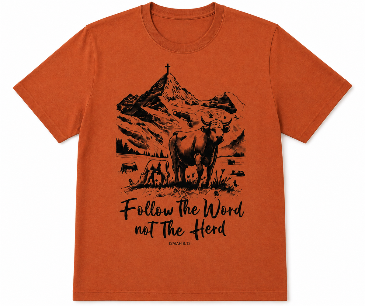 Rust Follow the Word Not the Herd graphic tee with Highland cow and cross design