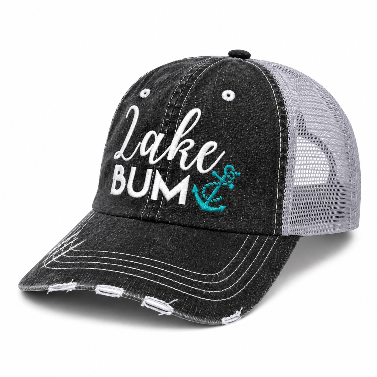 Lake Bum trucker hat side angle showing black distressed front, light gray mesh back, and turquoise anchor embroidery.