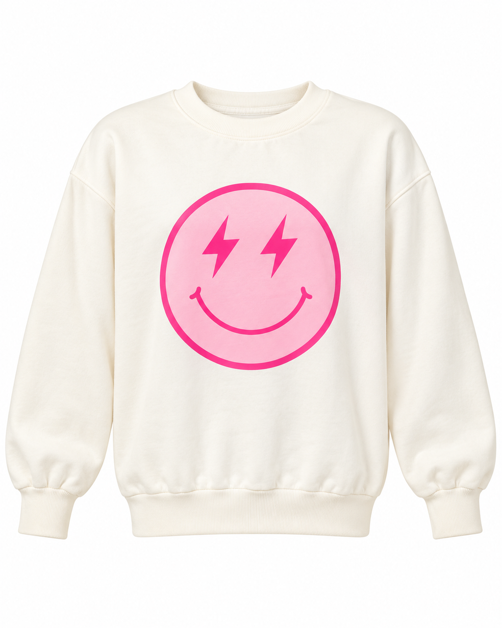 Front view of the cream sweatshirt with a light pink smiley face, hot pink lightning-bolt eyes, and a hot pink border

