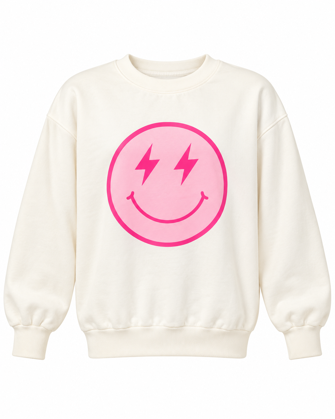 Front view of the cream sweatshirt with a light pink smiley face, hot pink lightning-bolt eyes, and a hot pink border
