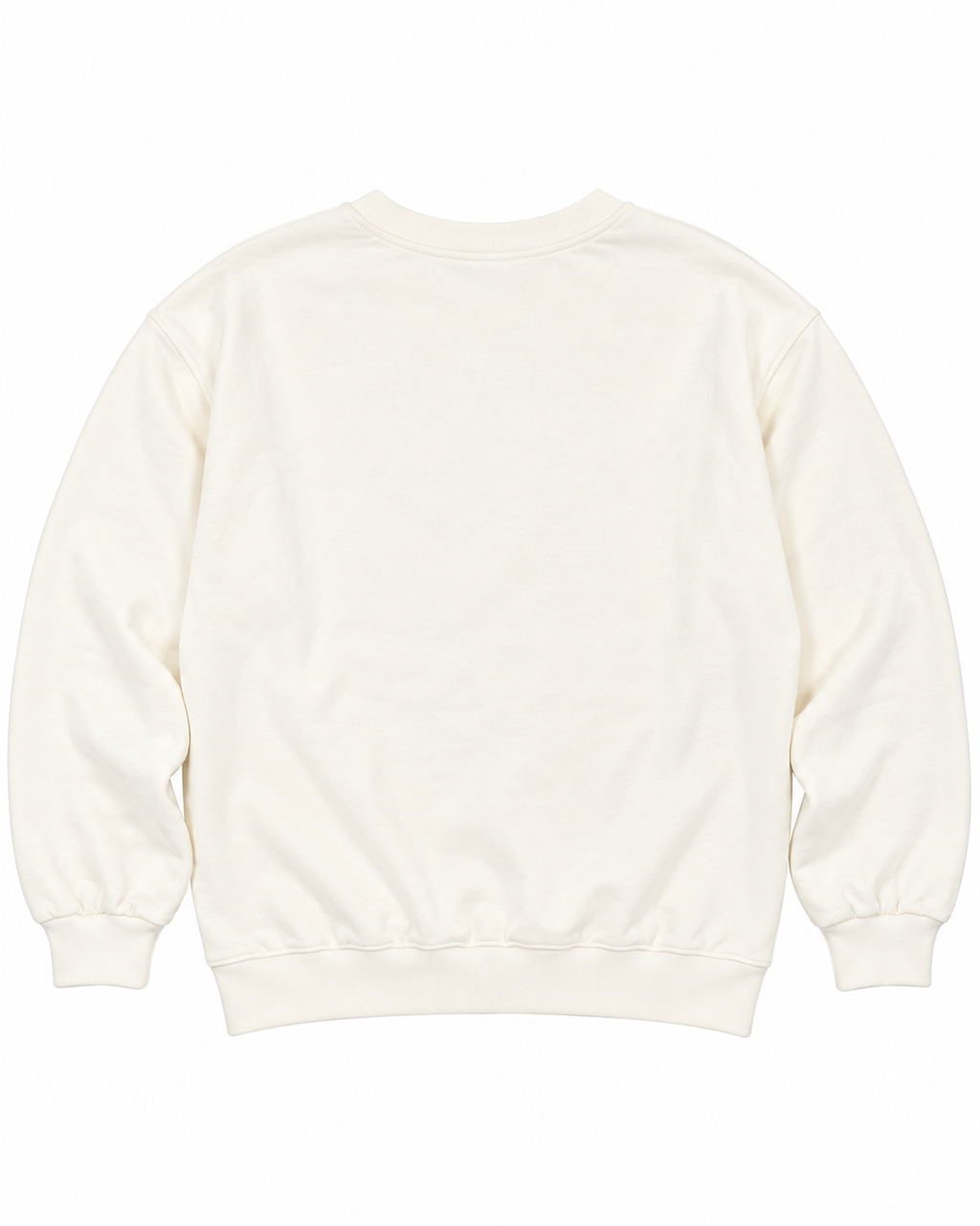 Back view of the plain cream sweatshirt with long sleeves, ribbed cuffs, and a ribbed hem
