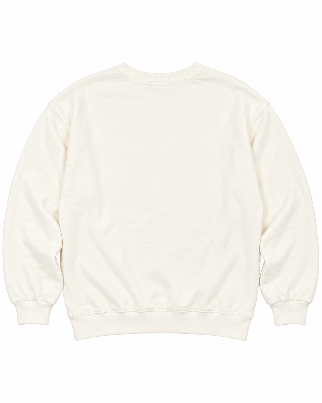 Back view of the plain cream sweatshirt with long sleeves, ribbed cuffs, and a ribbed hem
