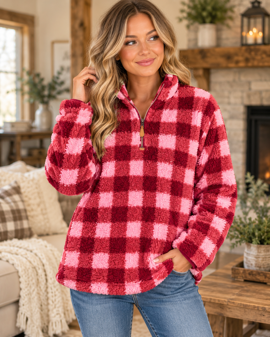 Model wearing the pink and burgundy plaid sherpa quarter-zip pullover with a stand collar and jeans
