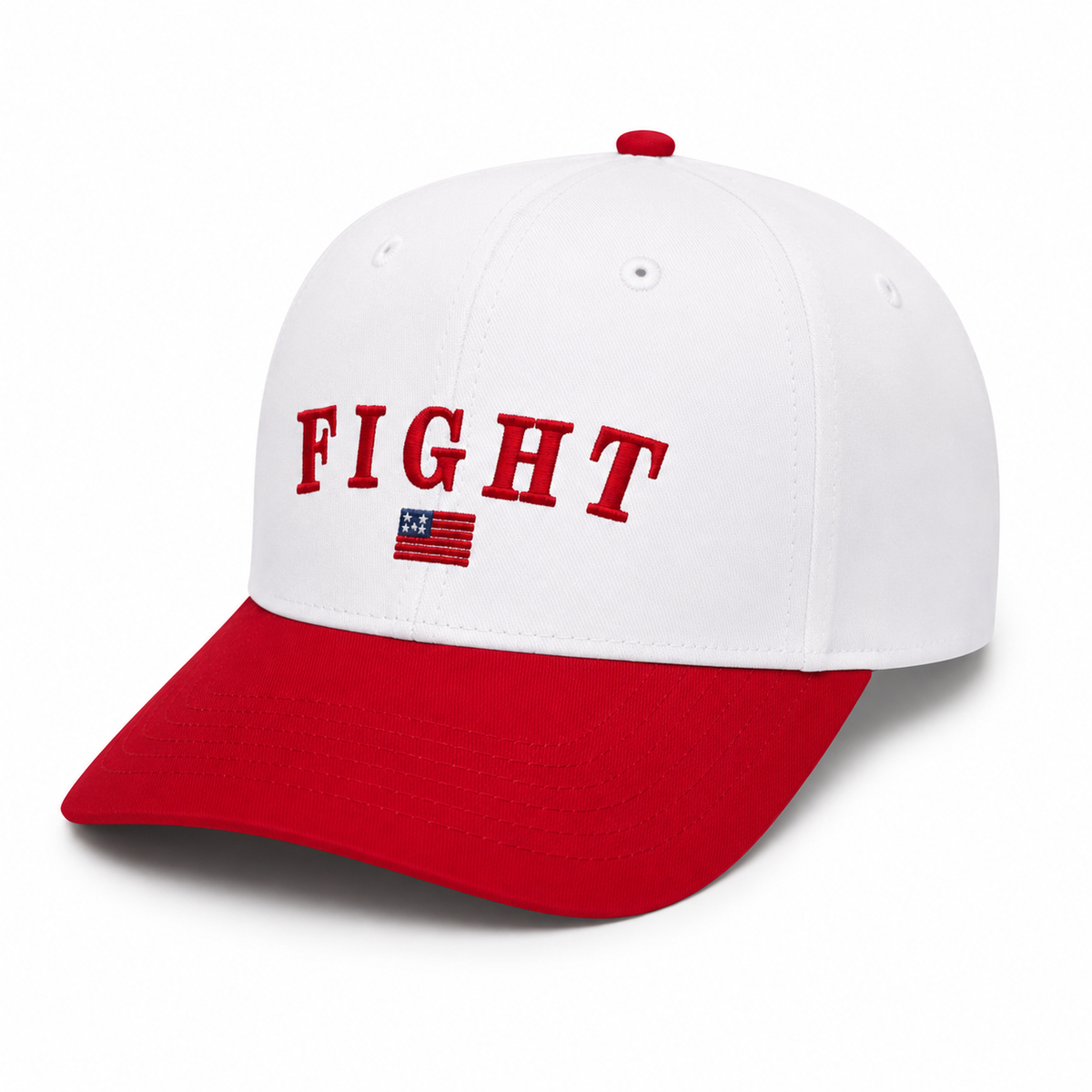 Side view of Fight Baseball Cap showing white structured crown, red brim, and solid white back, on a white background.
