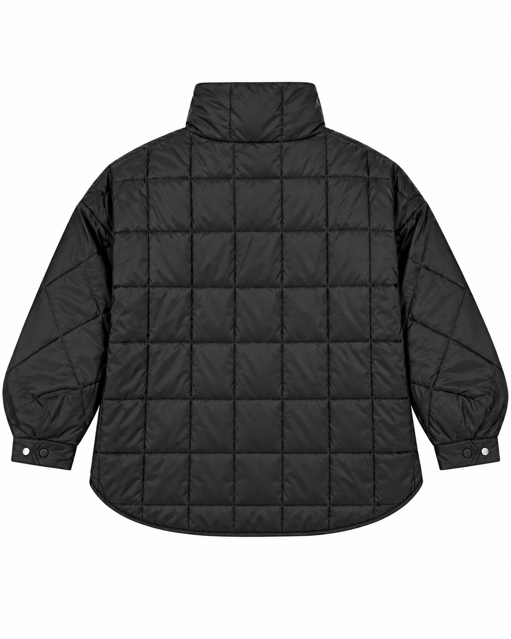 Back view of Black Quilted Puffer Pullover Jacket showing full large-grid black quilted puffer back panel, tall stand-up collar, oversized drop-shoulder silhouette, curved high-low hem, and snap-button cuffs on white background
