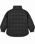 Back view of Black Quilted Puffer Pullover Jacket showing full large-grid black quilted puffer back panel, tall stand-up collar, oversized drop-shoulder silhouette, curved high-low hem, and snap-button cuffs on white background
