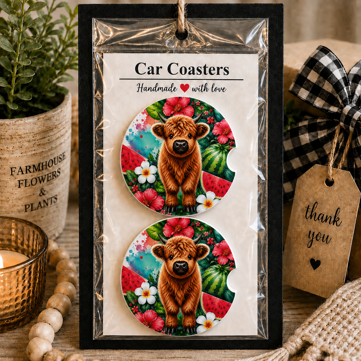 Highland Cow Watermelon Car Coaster Set in handmade packaging — gift-ready ceramic coasters with Highland cow, watermelon, and hibiscus floral design, set of 2
