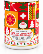 Close-up of the Sicilian Grapefruit hand soap label showing its Christmas patchwork design and 650 mL and 21.5 fl oz size
