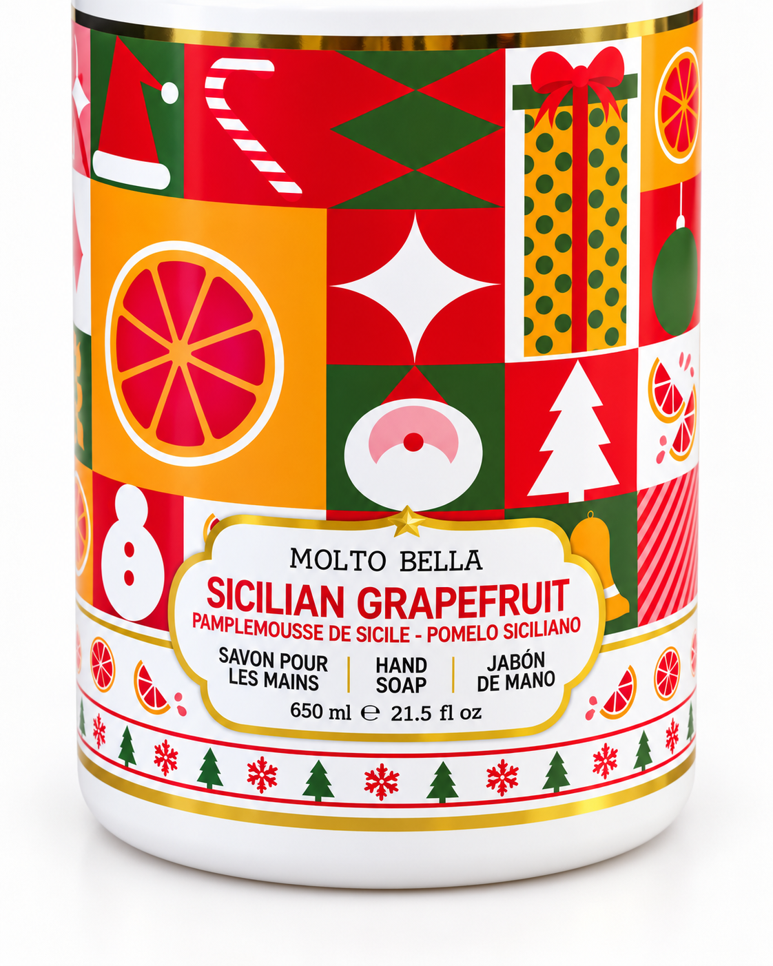 Close-up of the Sicilian Grapefruit hand soap label showing its Christmas patchwork design and 650 mL and 21.5 fl oz size
