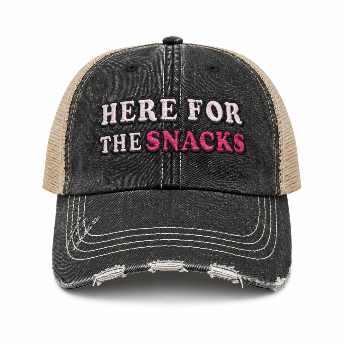 Distressed black trucker hat with Here for the Snacks embroidery in light pink and hot pink, front view
