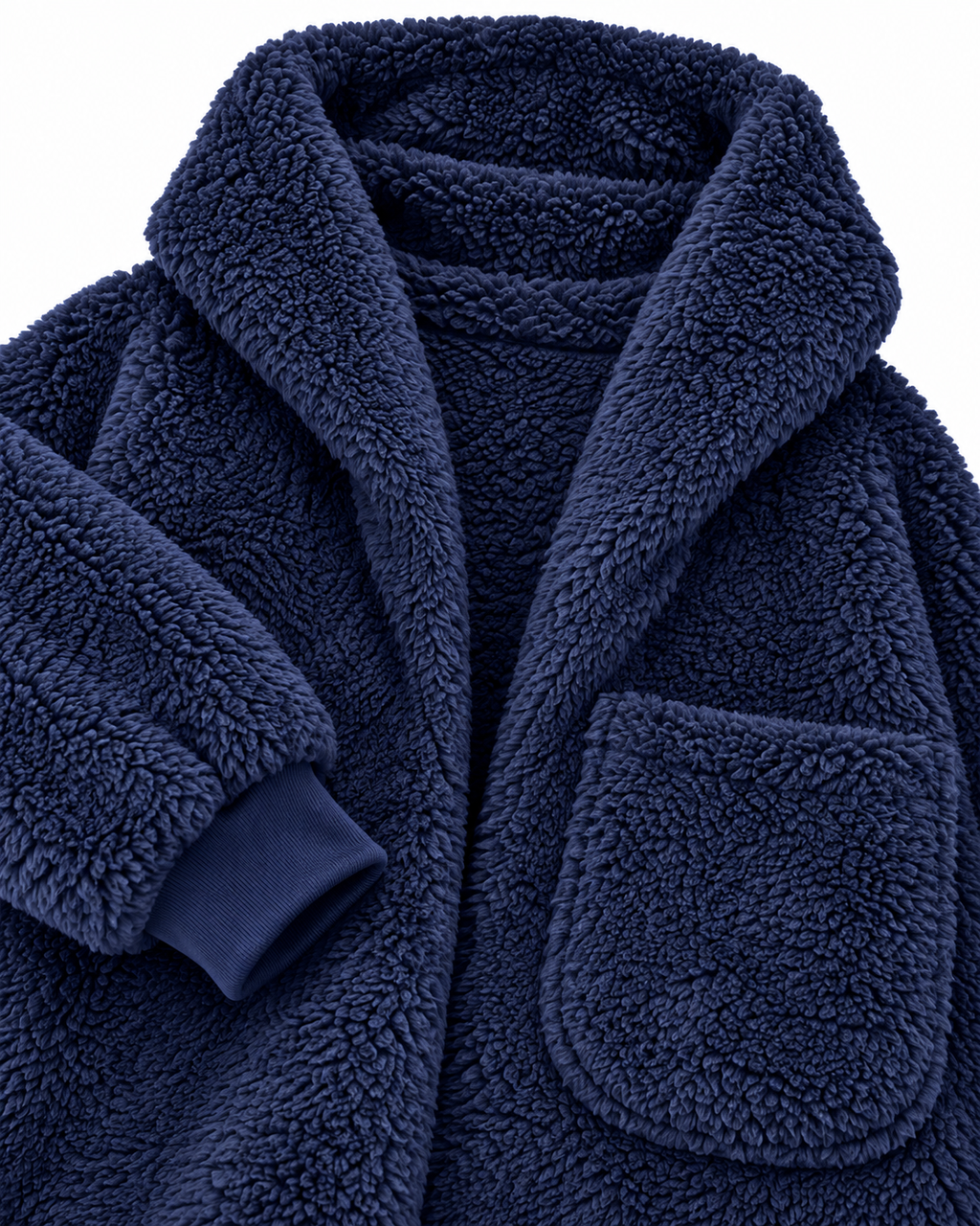 Close-up of the navy sherpa hood, soft pile texture, and front pocket
