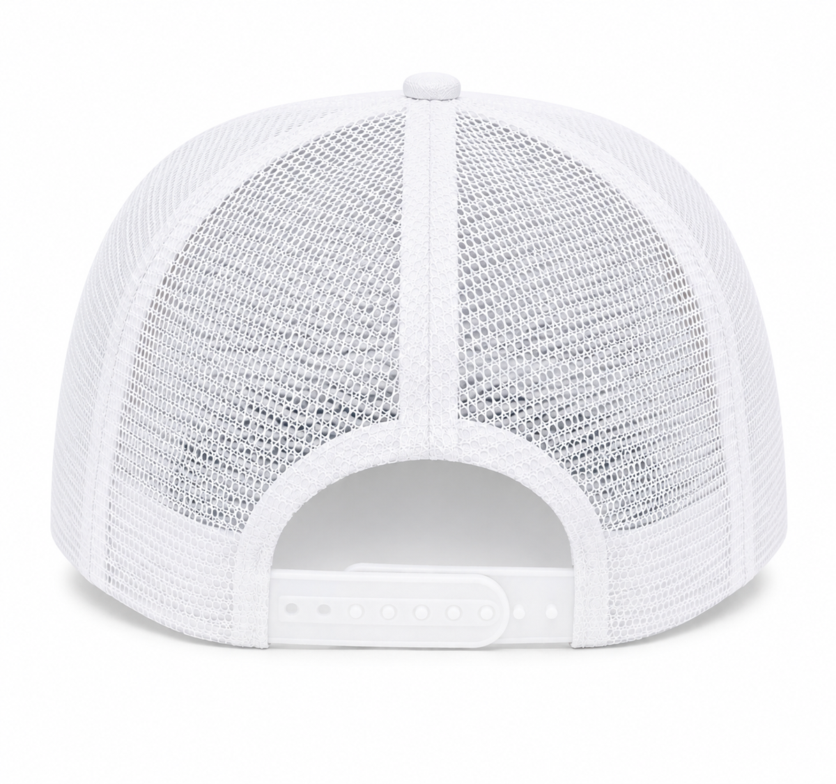 Back view of Pink Star Trucker Hat showing full white mesh back and white plastic snapback closure with white button top on white background
