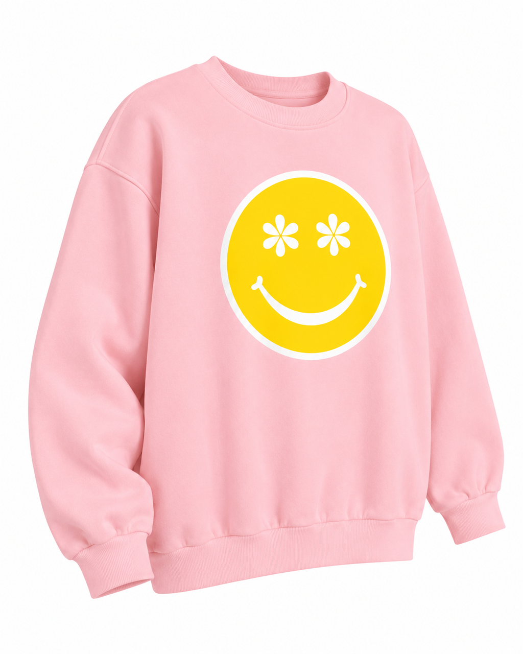 Angled front view of the light pink Daisy Eyes sweatshirt showing its yellow smiley graphic, long sleeves, and ribbed trim
