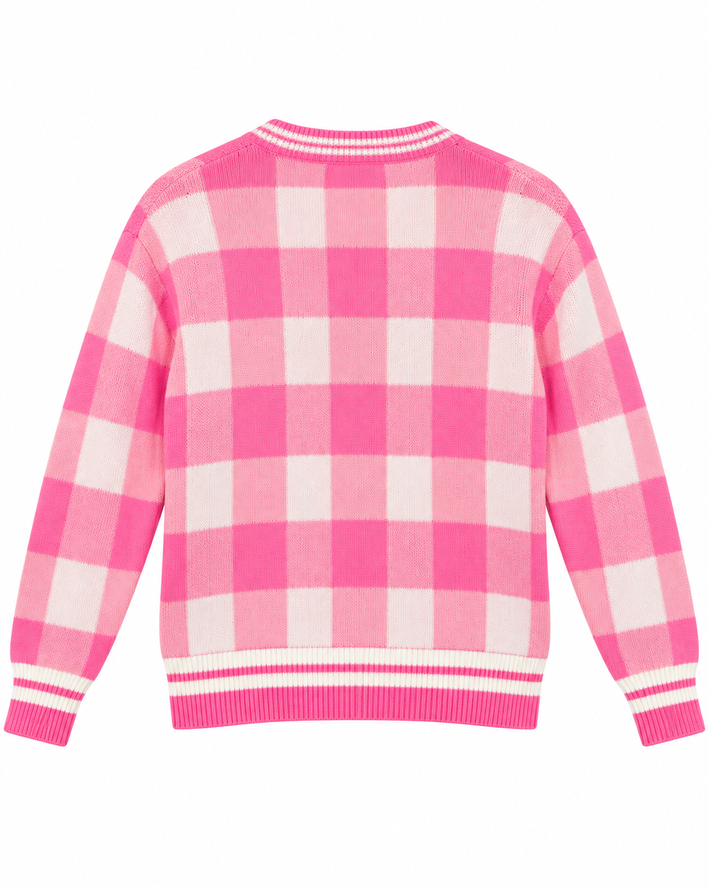 Back view of Pink Plaid Gold Button Knit Cardigan showing pink and white plaid knit back panel with striped ribbed hem and ribbed cuffs on white background
