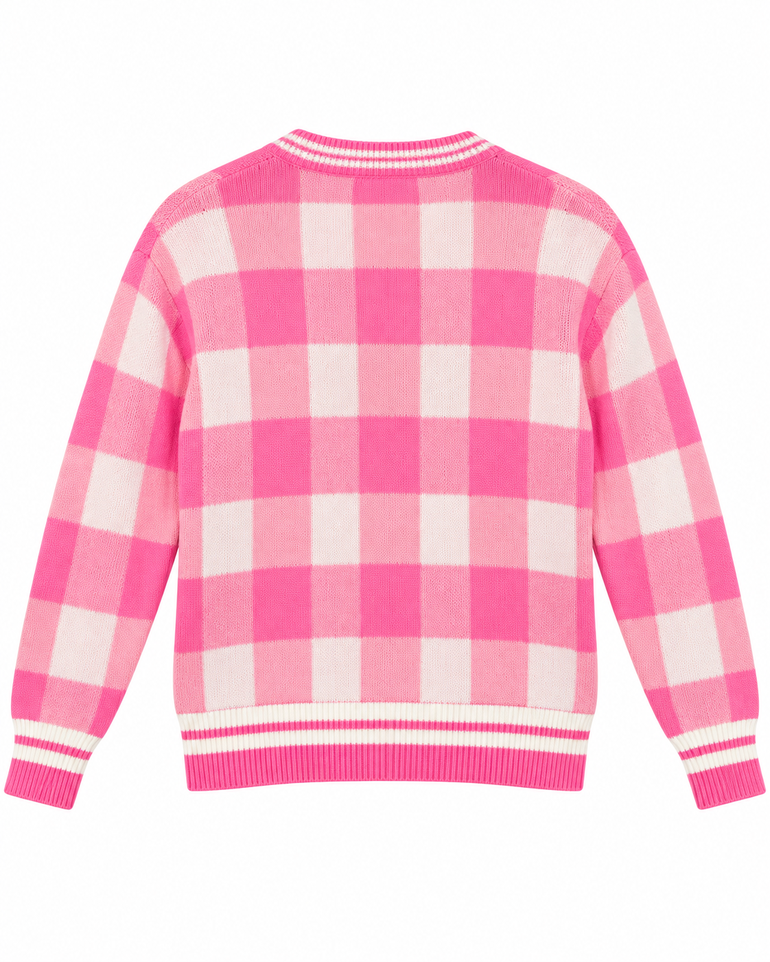 Back view of Pink Plaid Gold Button Knit Cardigan showing pink and white plaid knit back panel with striped ribbed hem and ribbed cuffs on white background

