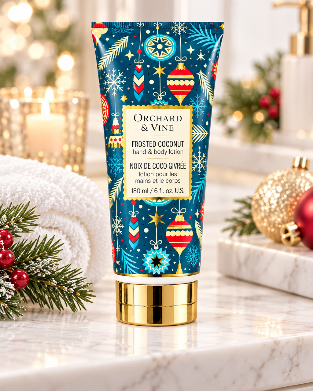 Frosted Coconut hand and body lotion in a blue holiday tube with a gold-tone cap, displayed beside towels, a candle, and Christmas ornaments
