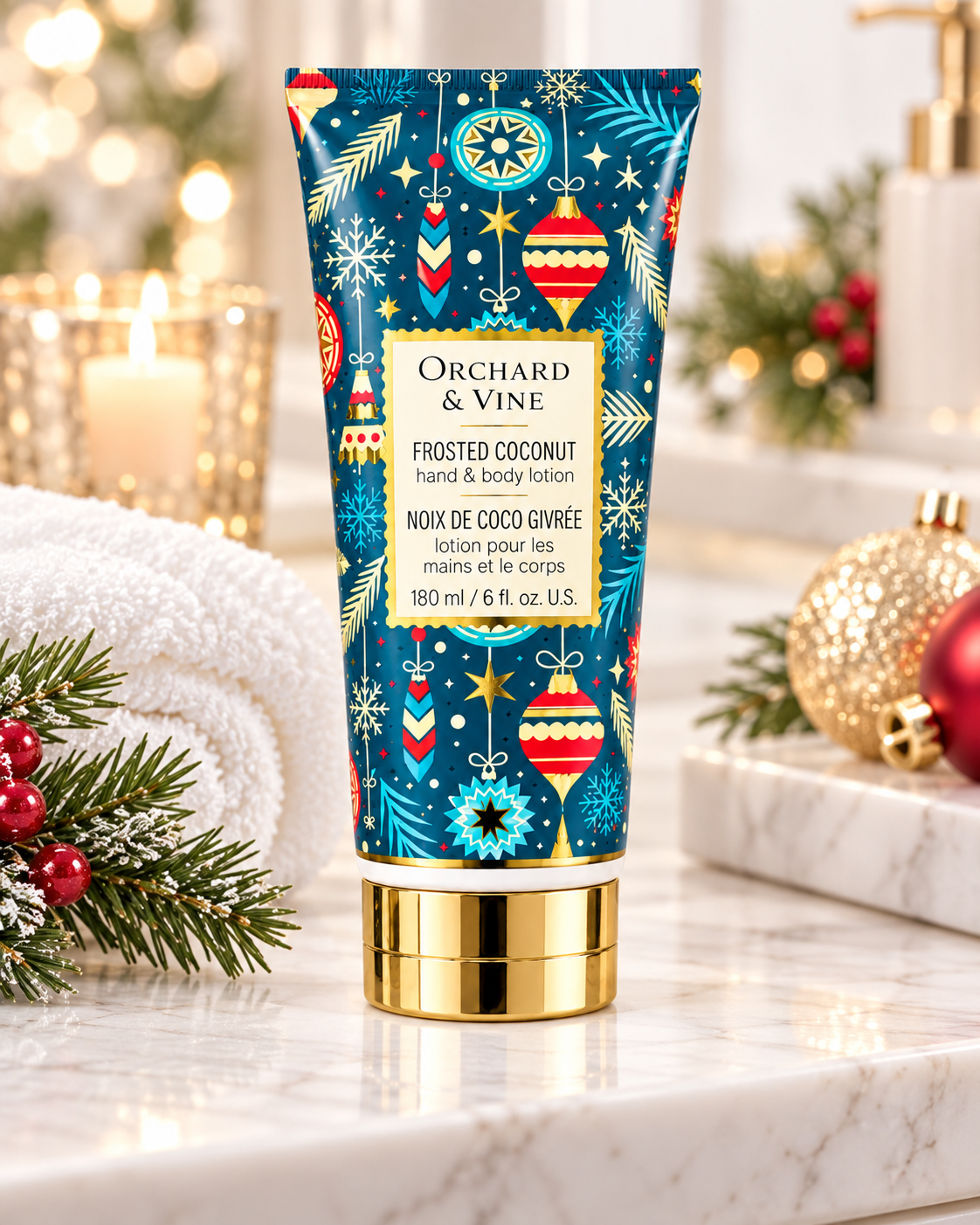 Frosted Coconut hand and body lotion in a blue holiday tube with a gold-tone cap, displayed beside towels, a candle, and Christmas ornaments
