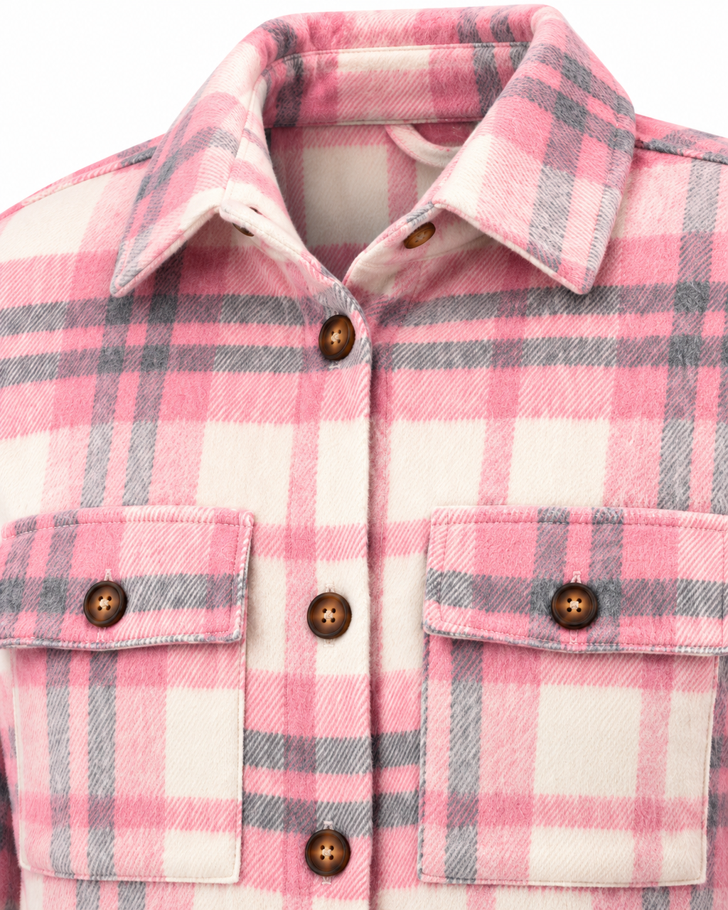 Close-up of Pink & Gray Plaid Shacket showing spread collar, brown dome buttons along button placket, and two buttoned chest flap pockets on pink, gray, and cream plaid on white background
