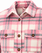 Close-up of Pink & Gray Plaid Shacket showing spread collar, brown dome buttons along button placket, and two buttoned chest flap pockets on pink, gray, and cream plaid on white background
