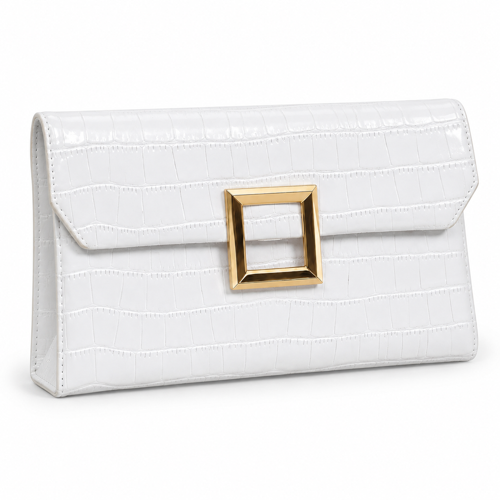 White Croc Envelope Clutch three-quarter angle view showing white croc-embossed vegan leather, structured rectangular silhouette with gusset depth, envelope flap closure, and polished open gold square frame hardware on white background

