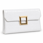 White Croc Envelope Clutch three-quarter angle view showing white croc-embossed vegan leather, structured rectangular silhouette with gusset depth, envelope flap closure, and polished open gold square frame hardware on white background
