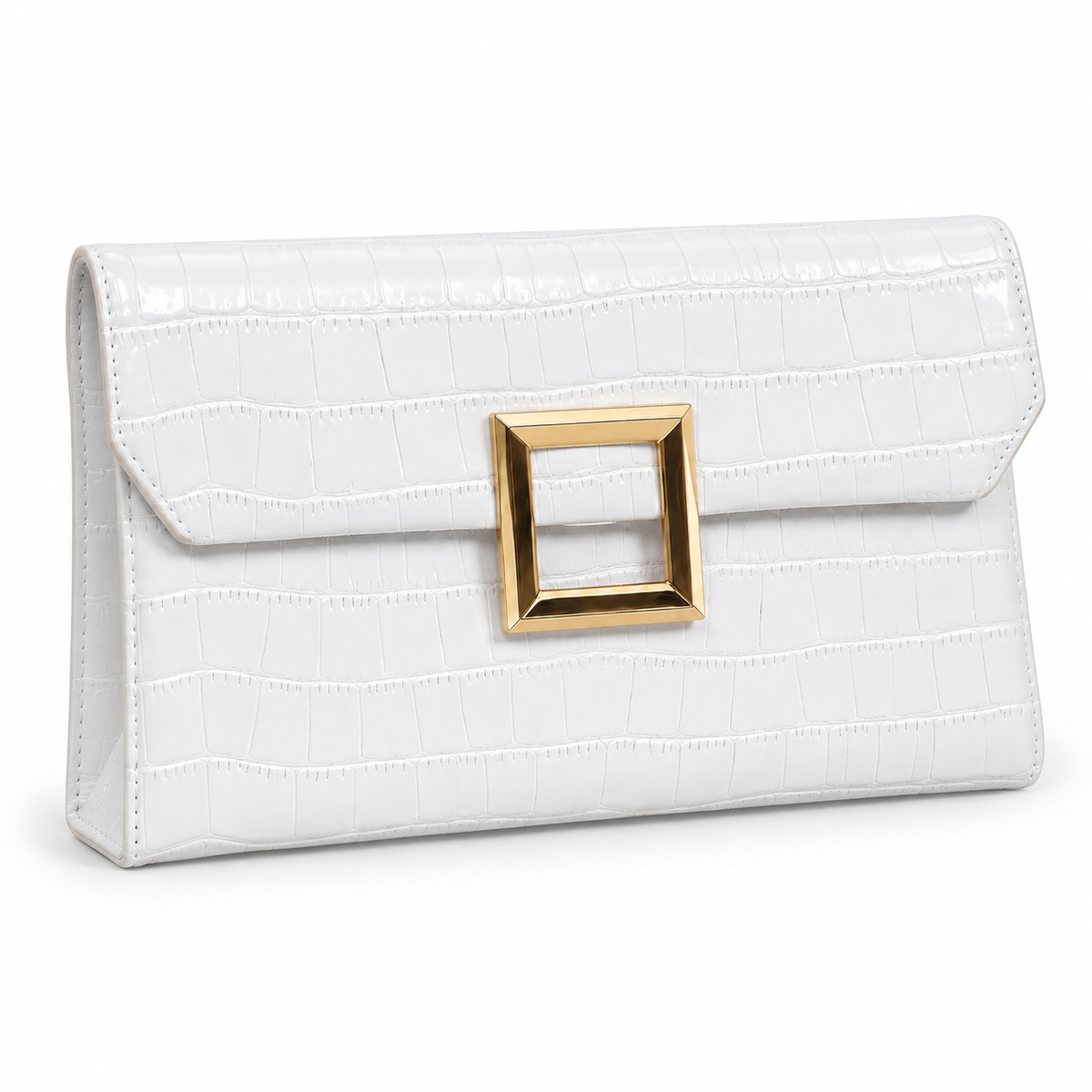 White Croc Envelope Clutch three-quarter angle view showing white croc-embossed vegan leather, structured rectangular silhouette with gusset depth, envelope flap closure, and polished open gold square frame hardware on white background
