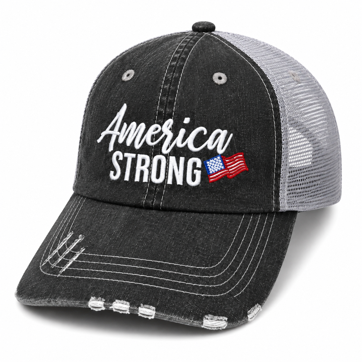 Side angle view of a distressed black trucker hat with gray mesh back and white embroidered America Strong text with an American flag accent, on a white background