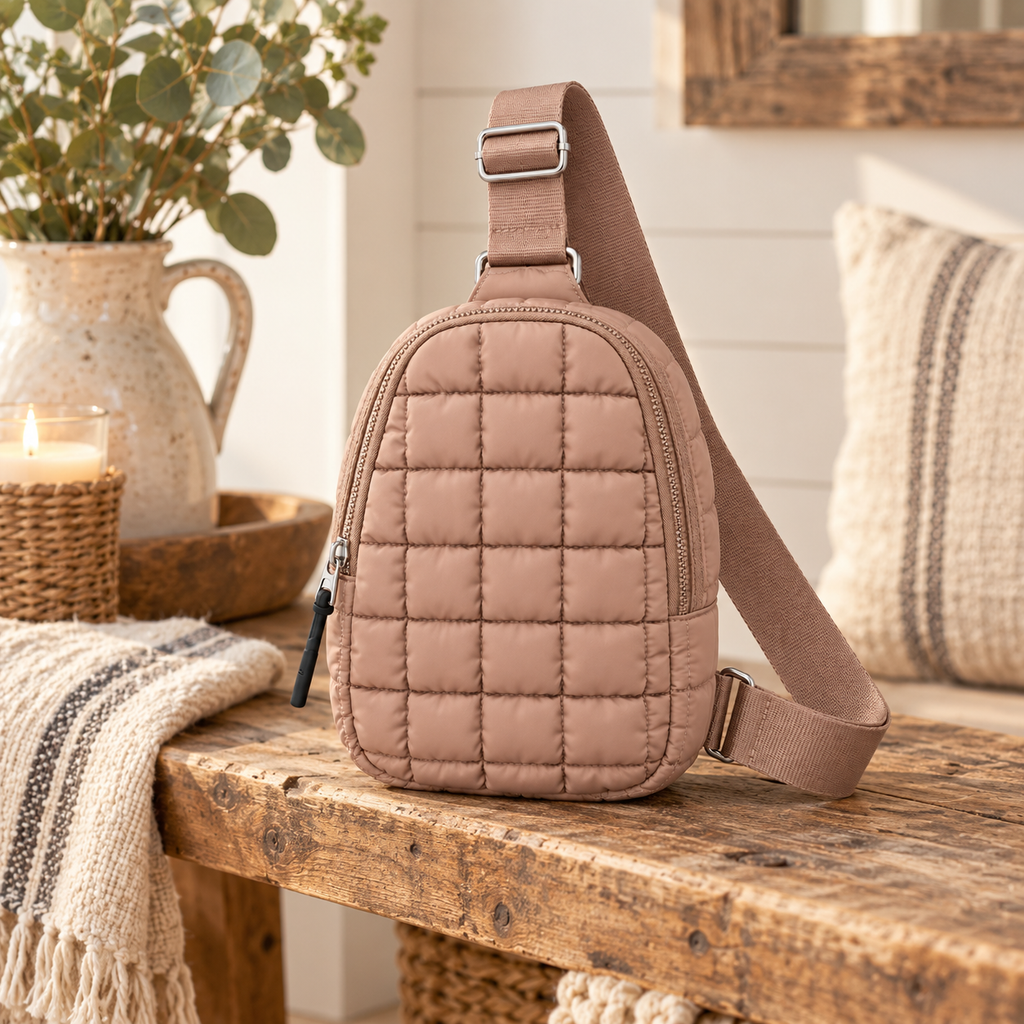 Taupe Quilted Sling Bag on rustic wood bench showing soft taupe grid-quilted puffer nylon and adjustable woven strap beside speckled cream ceramic pitcher of eucalyptus, lit candle in wicker holder, wooden tray, and striped blue-grey throw against white shiplap wall with rustic wood mirror above and striped linen pillow
