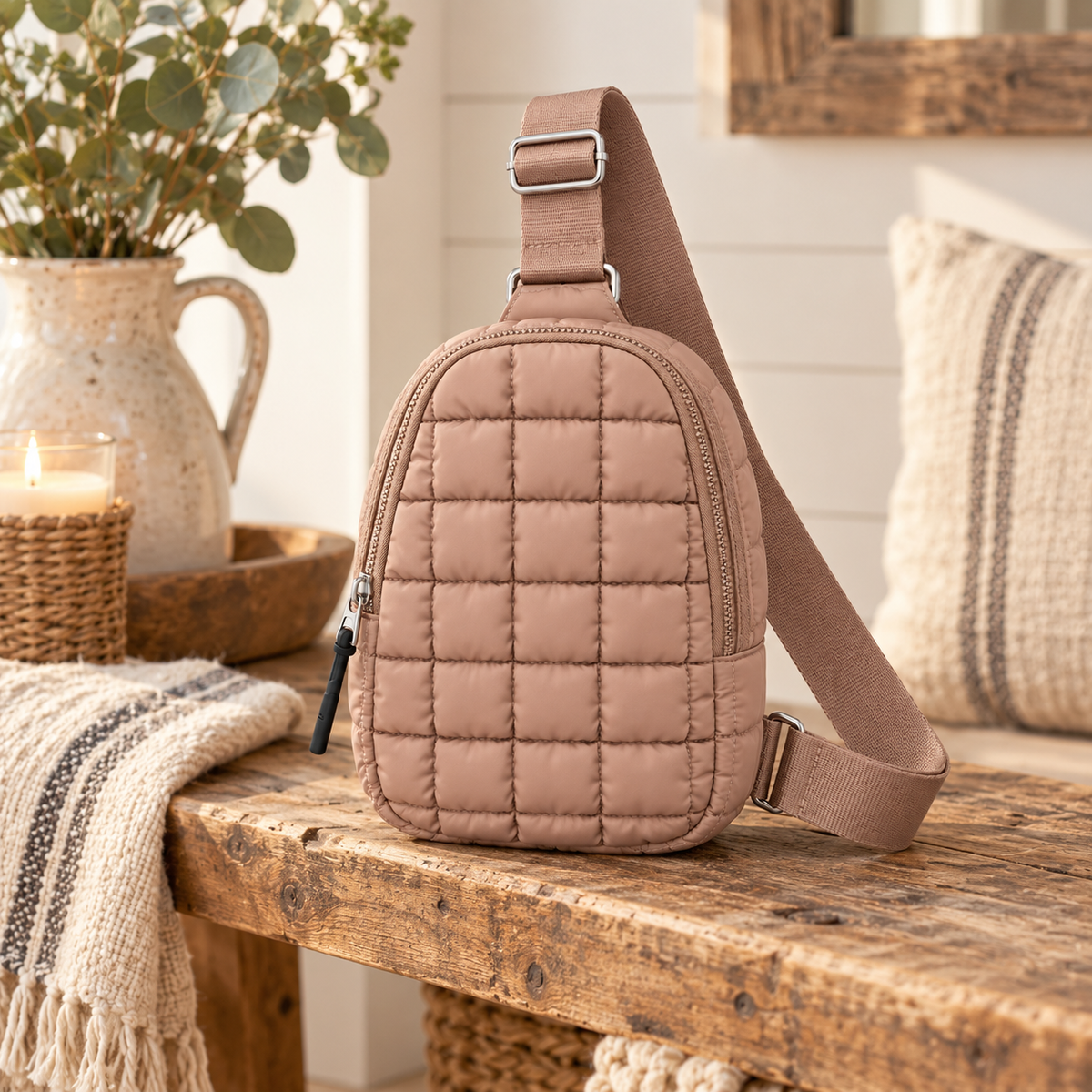Taupe Quilted Sling Bag on rustic wood bench showing soft taupe grid-quilted puffer nylon and adjustable woven strap beside speckled cream ceramic pitcher of eucalyptus, lit candle in wicker holder, wooden tray, and striped blue-grey throw against white shiplap wall with rustic wood mirror above and striped linen pillow
