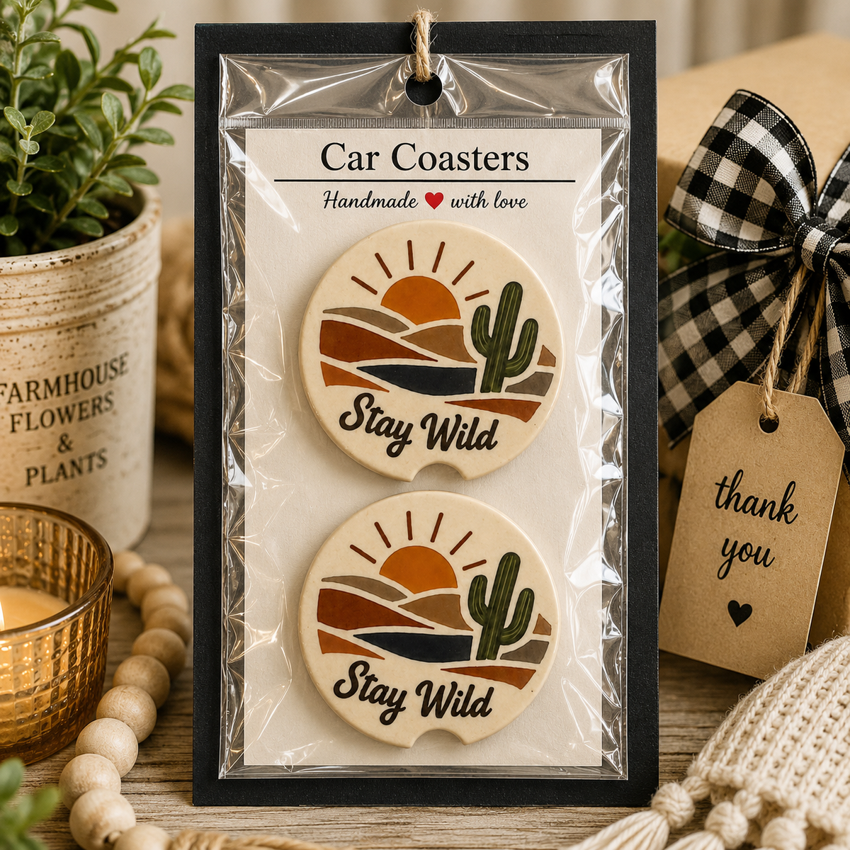 Stay Wild Car Coaster Set in handmade packaging — gift-ready ceramic coasters with stay wild design, set of 2
