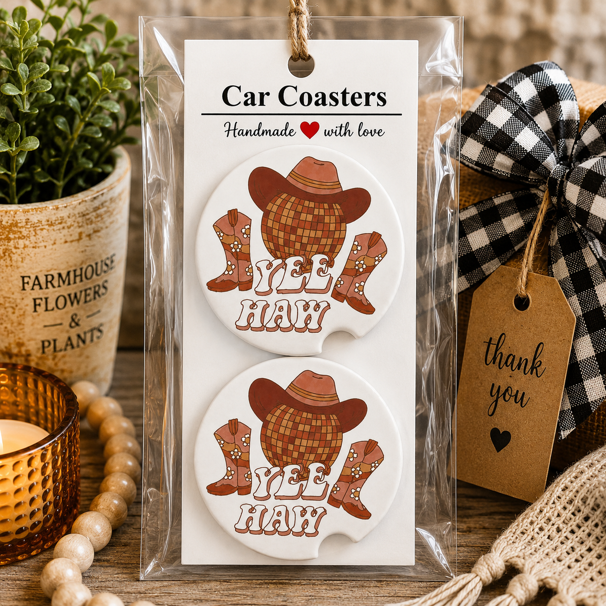 Yee Haw Disco Ball Car Coaster Set in handmade packaging — gift-ready ceramic coasters with cowboy hat disco ball, floral cowboy boots, and Yee Haw retro lettering, set of 2
